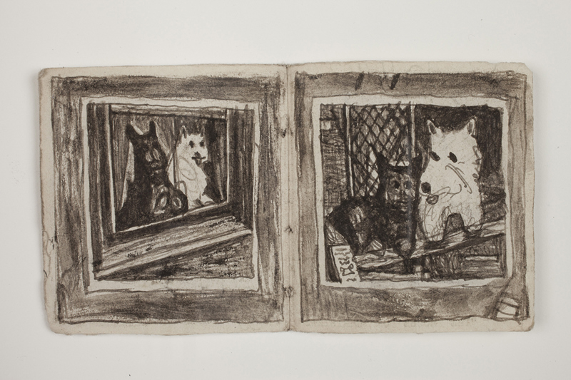 A small booklet made of 3 folios of found paper and string. Illustrations made of soot primarily depict images of dogs.