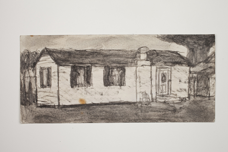A soot drawing of the trailer studio used by artist James Castle after 1962 drawn on the back of a "Post Renewal" card.