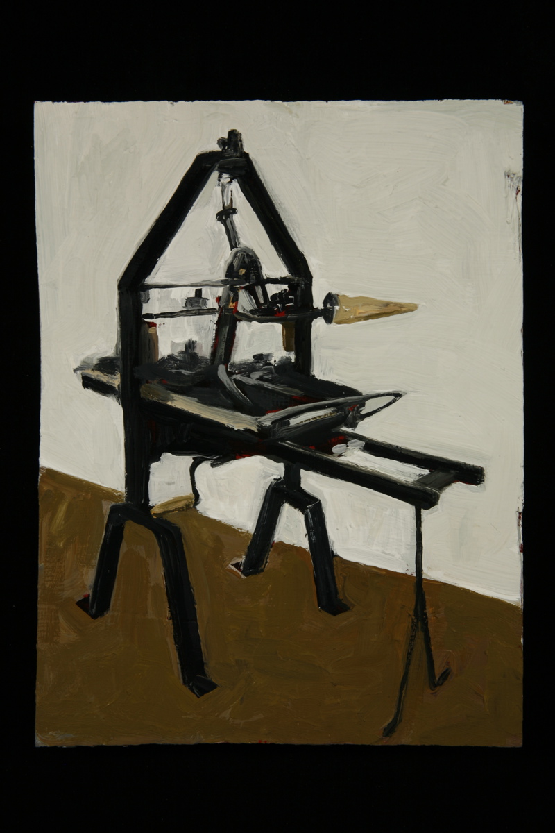 A painting of an antique freestanding printing press. 