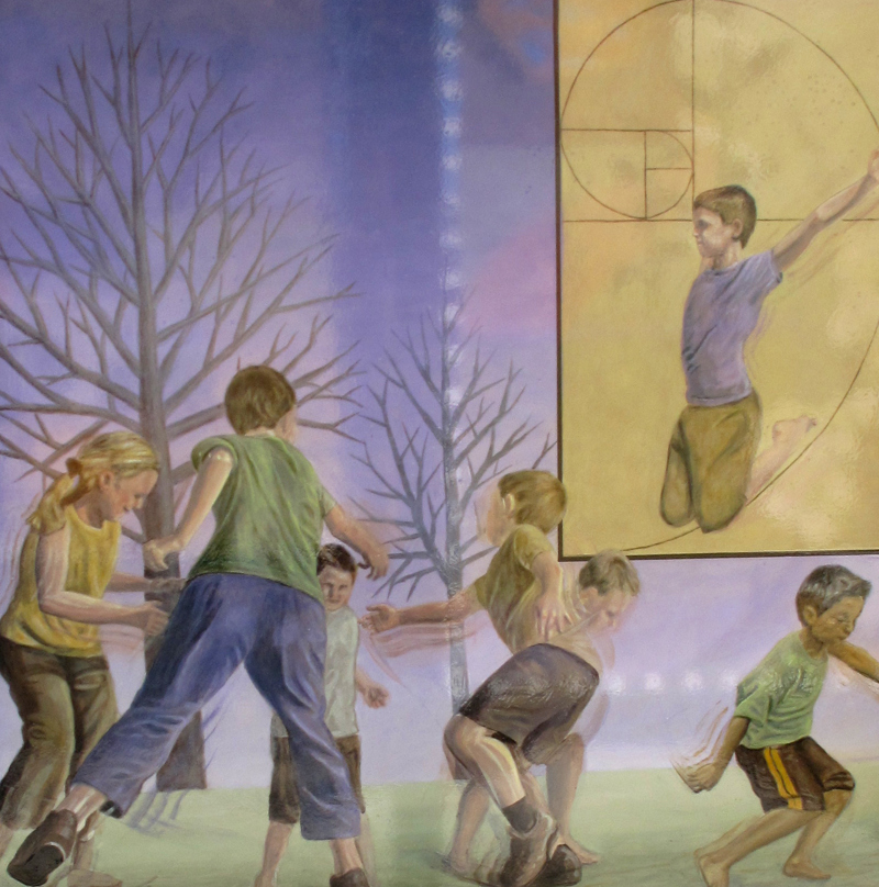 A detail closeup of a painting depicts symbols of science and geometry with objects of nature and playground activities with similar patterns. This painting features six children playing in front of two leafless trees, and a child jumping in front of a Fibonacci spiral.