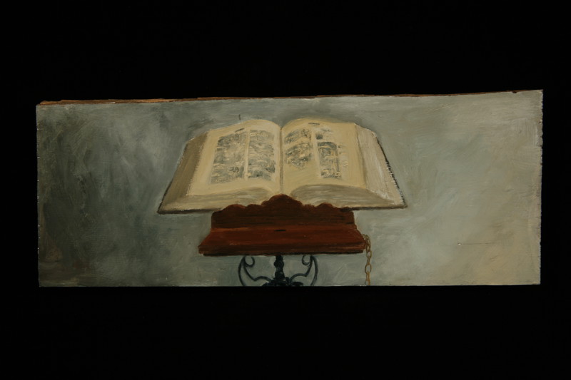 A painting of an open book on a chained book stand.
