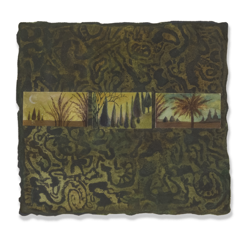 Three different watercolor images of trees glued atop a deckled piece of paper painted with green organic abstract shapes.