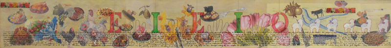 A long collage featuring images of animals and food. In the center are the letters, "E I E I O." 