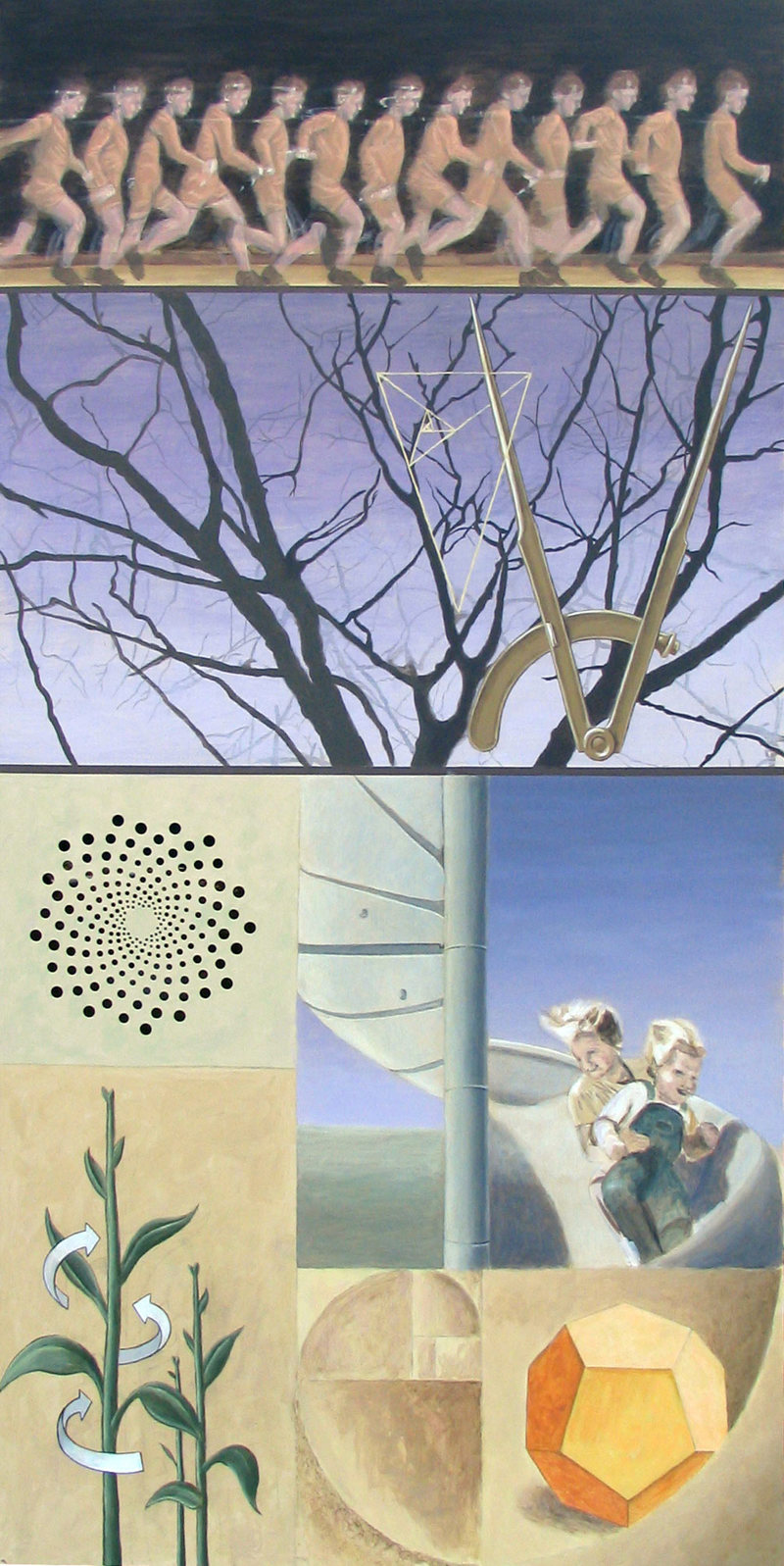 A detail closeup of a painting depicts symbols of science and geometry with objects of nature and playground activities with similar patterns. This painting features multiple points of a child running, a compass overlapping the angle of tree branches, the spiral growth of a plant stem, two children on a spiral slide, a Fibonacci spiral, and a solid dodecahedron. 
