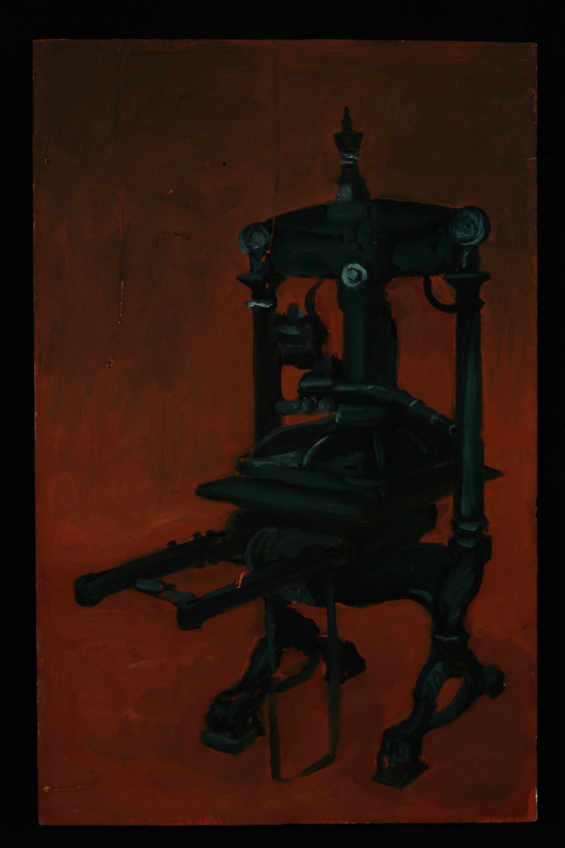 A painting of a large freestanding printing press machine.