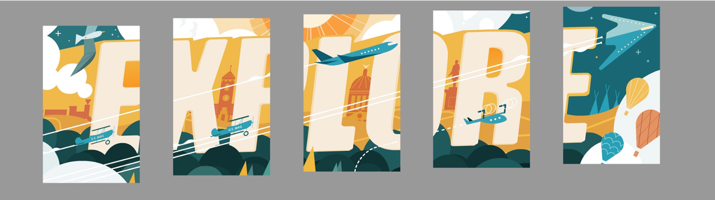 Artist rendering depicting airplanes, birds, and more with the word "explore" stretching across multiple panels.