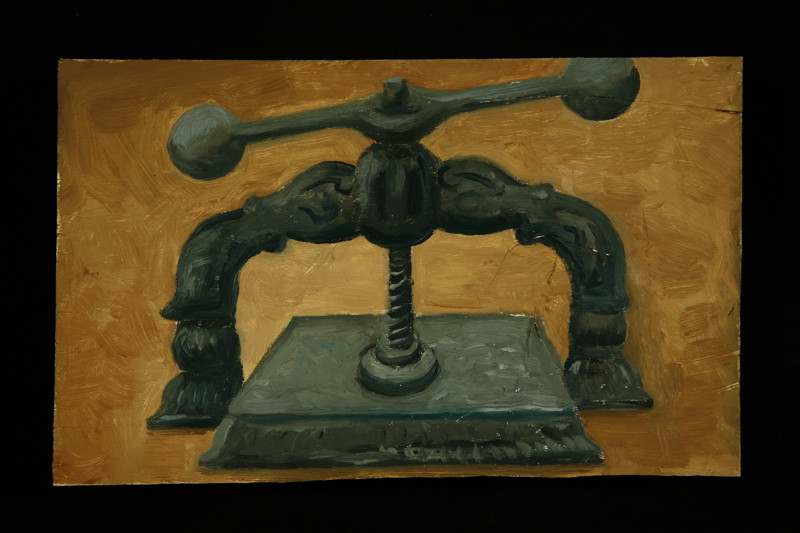 A painting of an antique table top printing press.