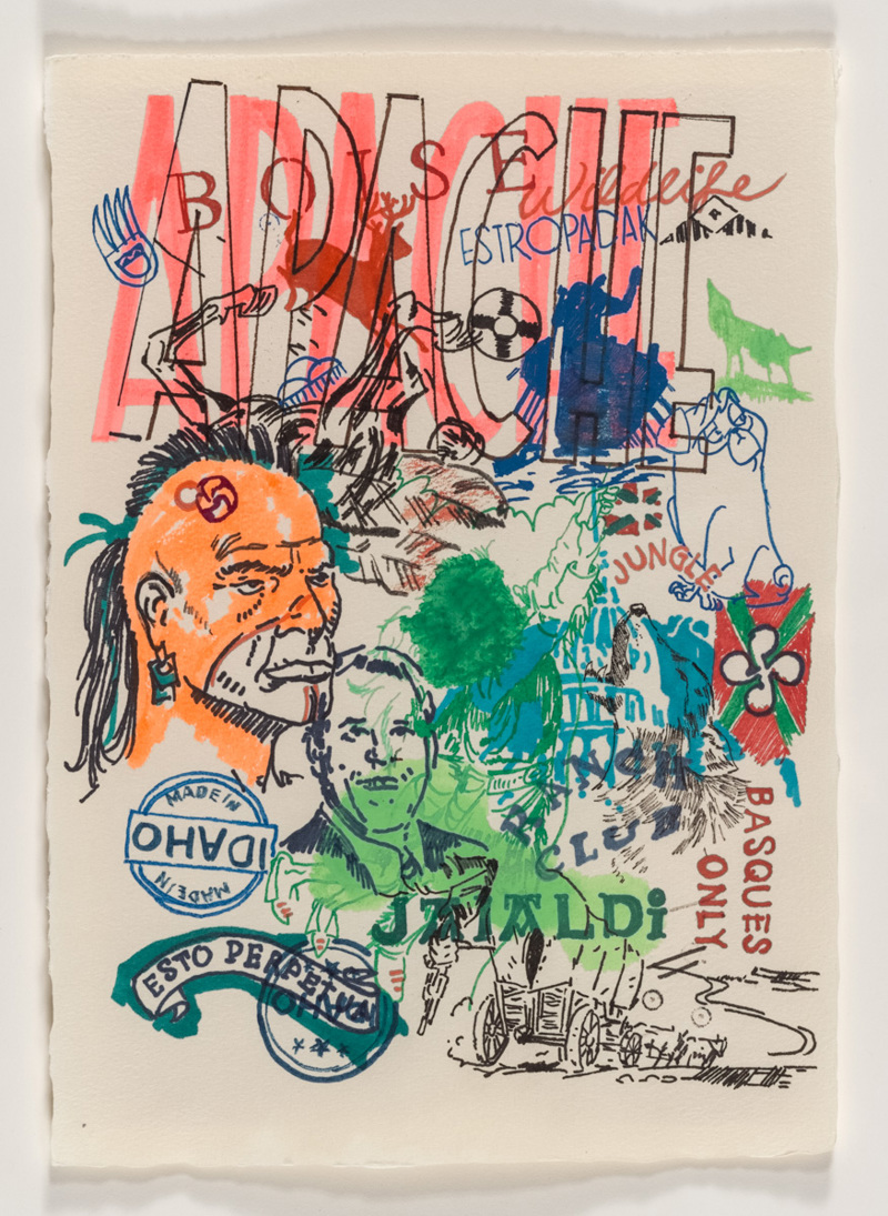 A print of multiple figures and texts referencing the city of Boise including a Native American, the Capitol Building, and former Mayor Bieter.