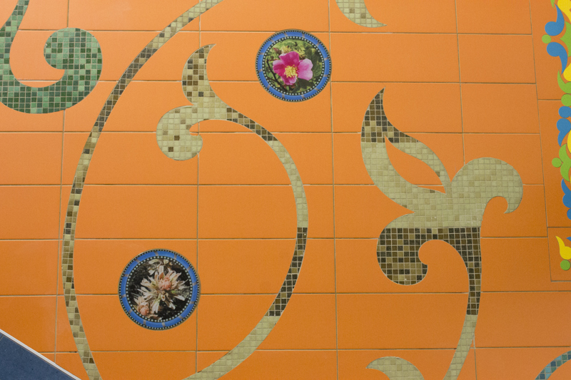 A mosaic wall installation made of ceramic tile. Made with green glass tile are leafy vines. Interspersed are tiles with printed images of local native flowers.