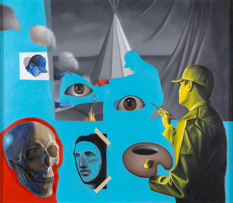 Painting of a yellow man painting an eye. In the lower left corner is a human skull outlined in red. In the top center is a canvas teepee.