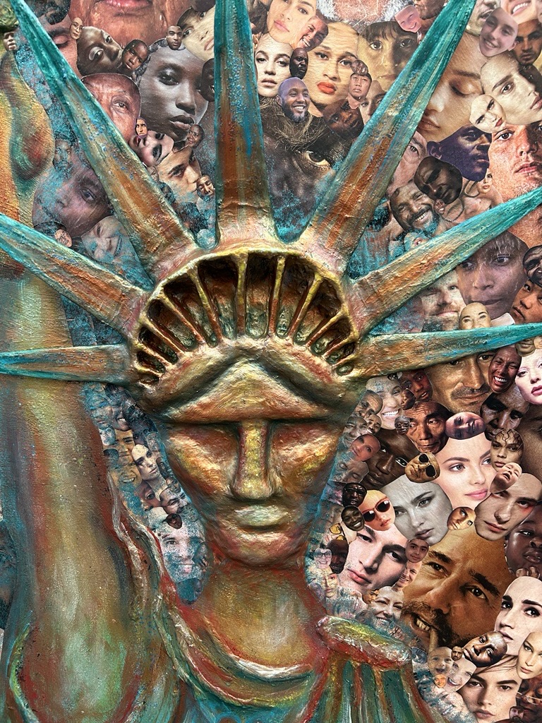 Collage style art piece with Statue of Liberty and layered cutout faces as the background.