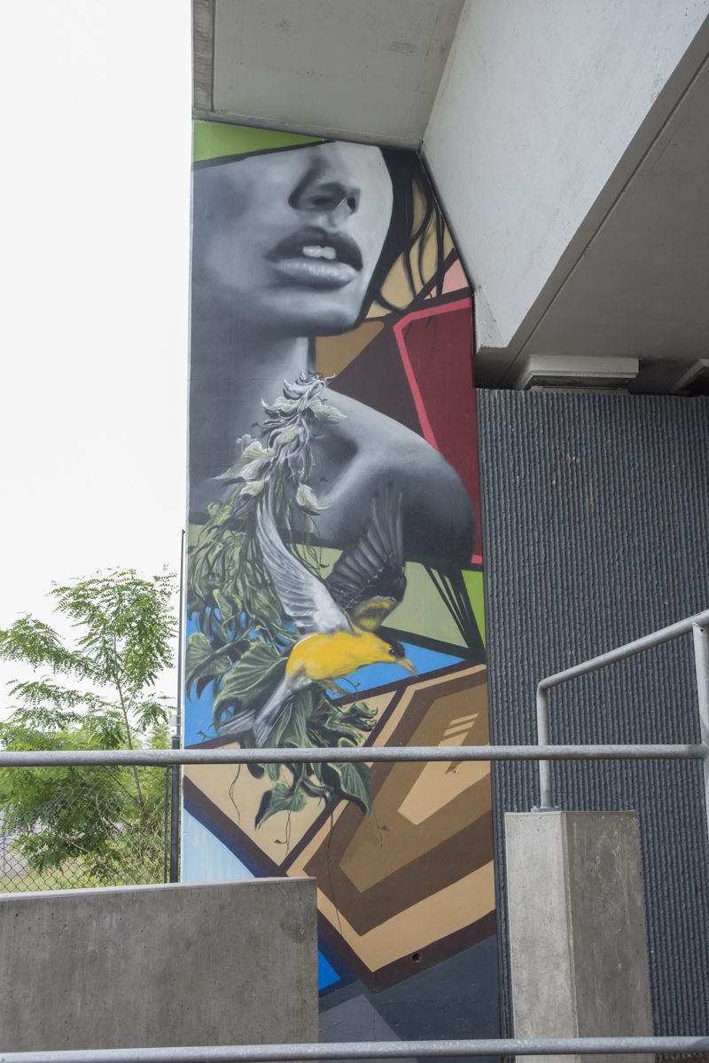 A mural painted in three parts on the wall of a highway overpass. On the left is the image of a yellow bird in flight, overlapping a leafy branch and a woman's bust. In the middle is an image of a woman in side profile with flowers in her hair. On the right is an image of a woman's upper back as she looks down. 