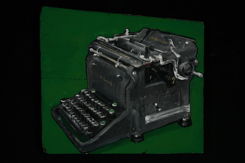 A painting of a large black antique typewriter with a bright green background.