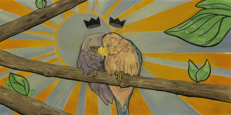 Two parakeets nuzzling each other on a tree branch.