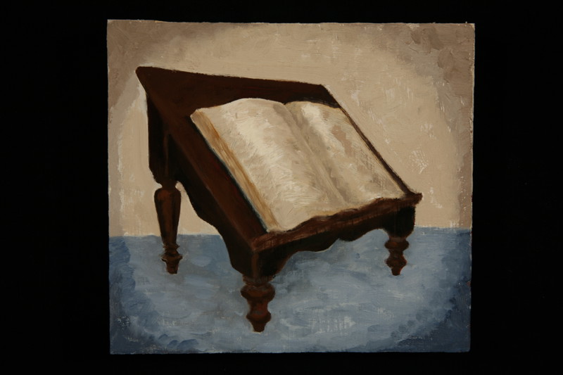 A painting of an book on a four-legged stand.