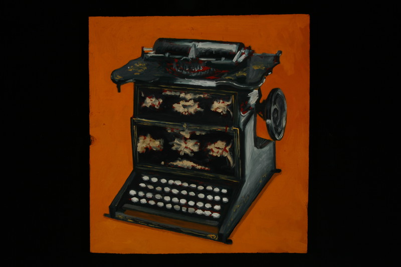 A painting of an antique typewriter with a red/orange background.