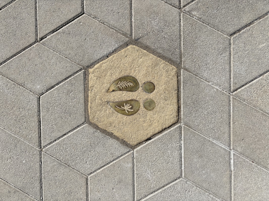 An image of a hexagonal sidewalk paver with a brass inlay of a bison hoofprint. 
