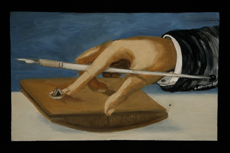 A painting of a hand holding a quill pen and an ink blotter pad.