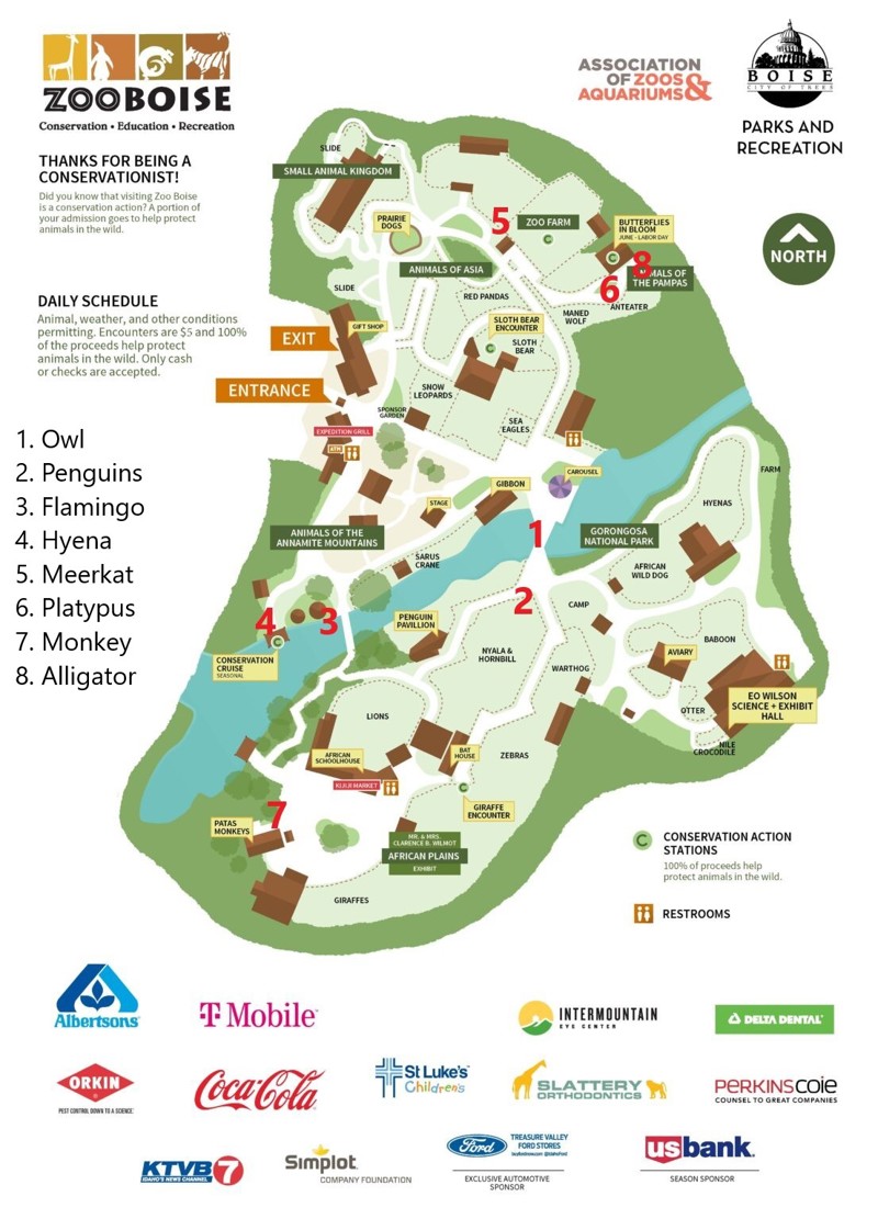 A map showing the locations of the Party Animal mosaic sculptures at Zoo Boise.