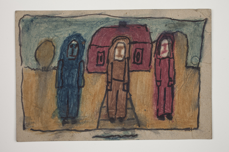 A drawing of three figures in front of a red house drawn on the back of a "Magic-Brain Calculator" packaging board.