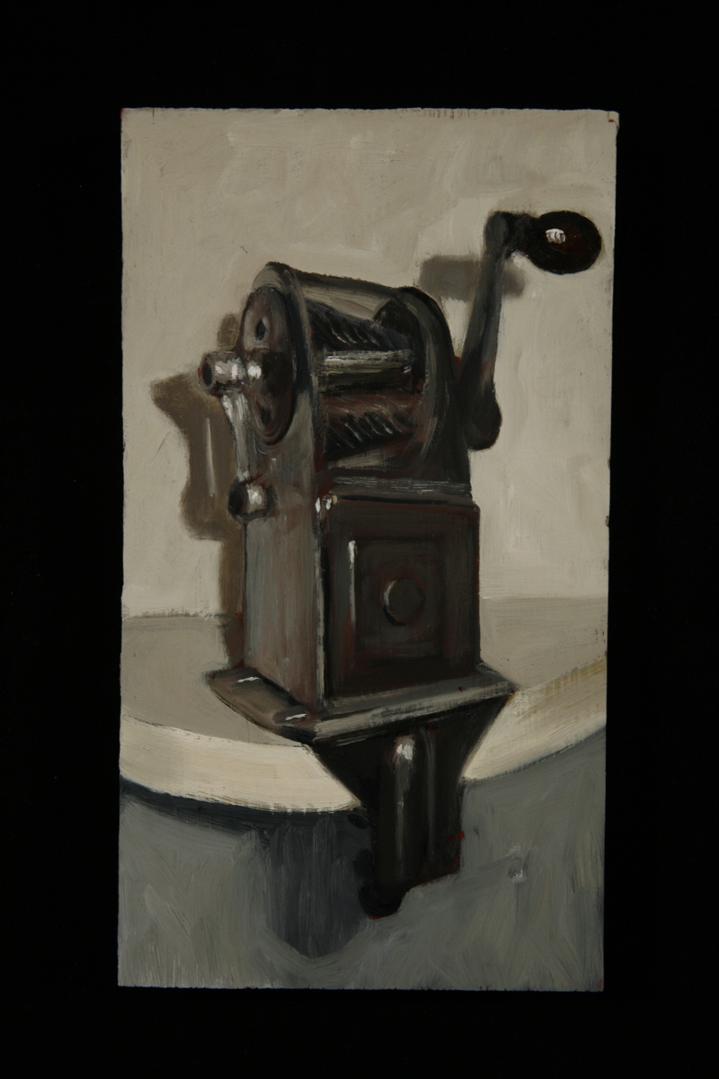 A painting of an antique hand crank pencil sharpener.