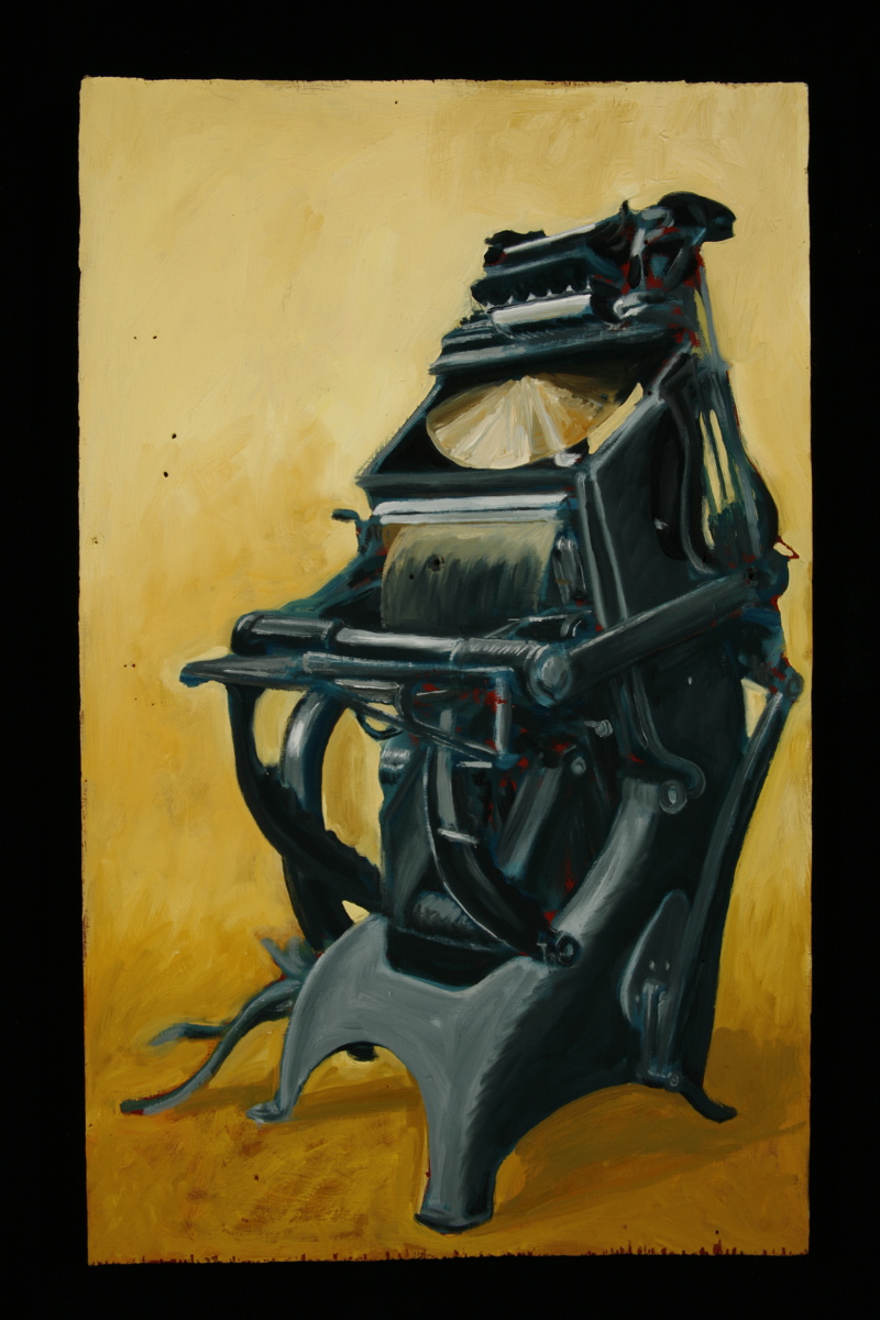 A painting of a free-standing large black printing press machine.