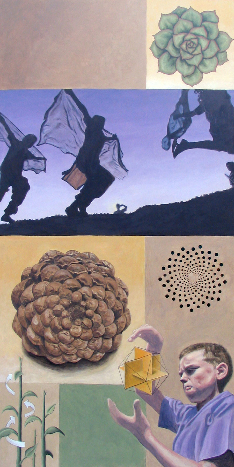 A detail closeup of a painting depicts symbols of science and geometry with objects of nature and playground activities with similar patterns. This painting features the spiral growth pattern of plants, the silhouettes of children running along the crest of a hill, and a boy looking at a icosahedron. 