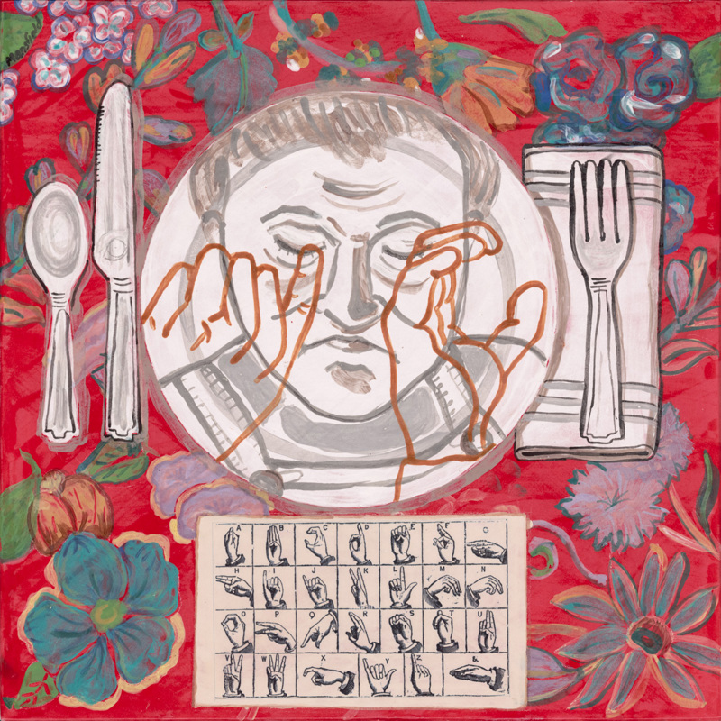 A painting of a dinner setting on top of a flora table cloth. On the plate is an image of a man and two hands expressing sign language. Below the plate is a chart of the ASL alphabet.