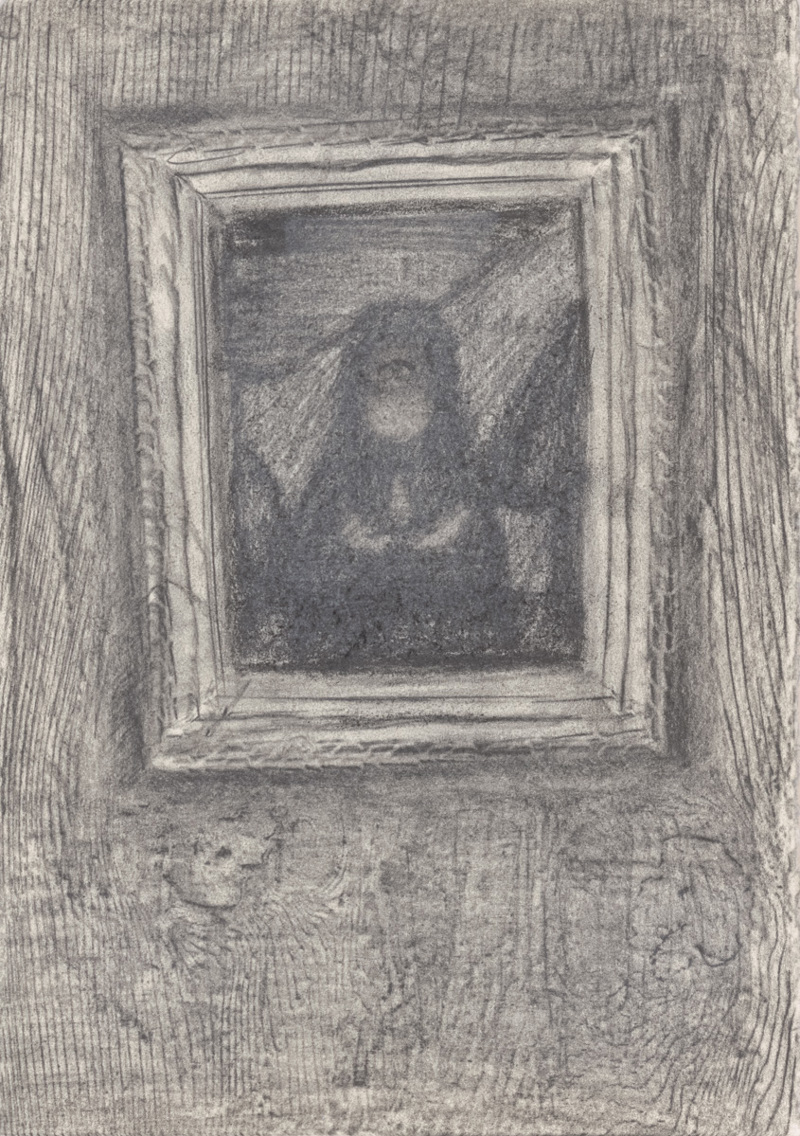 One side is a pencil drawing on paper of a framed bust portrait of a faceless figure. Surrounding it is a surface rubbing of a woodgrain texture.