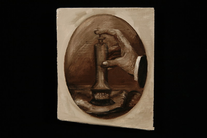 A painting of hand holding some cylindrical object for stamping or embossing. 