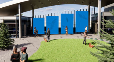 Rendering depicting spaced use along walking path at rental facility.