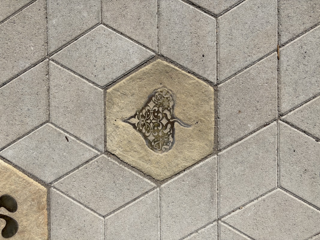 An image of a hexagonal sidewalk paver with a brass inlay of a leaf symbol.