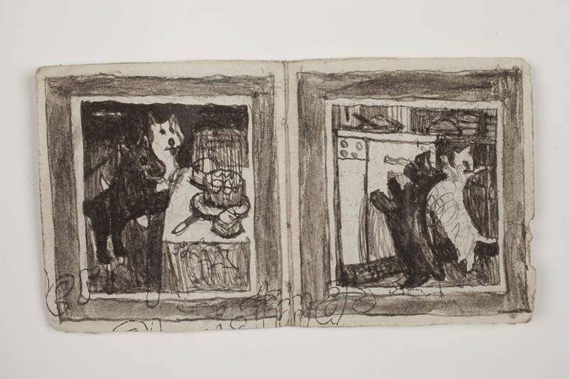 A small booklet made of 3 folios of found paper and string. Illustrations made of soot primarily depict images of dogs.