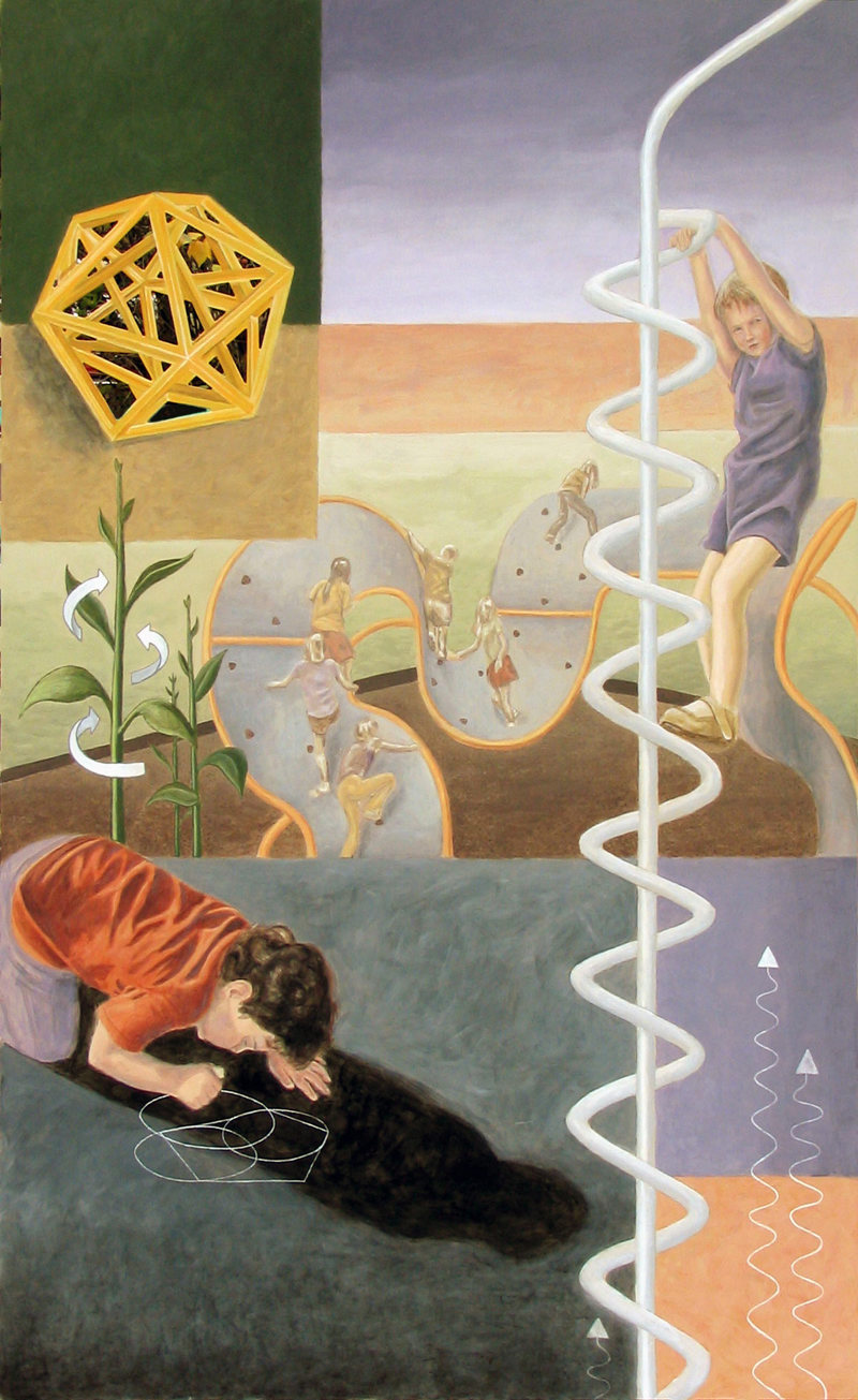 A detail closeup of a painting depicts symbols of science and geometry with objects of nature and playground activities with similar patterns. This painting features a child on a spiral pole slide, children climbing an undulating rock wall, a child drawing geometric shapes, as well as a dodecahedron, and the spiral growth pattern of plants.