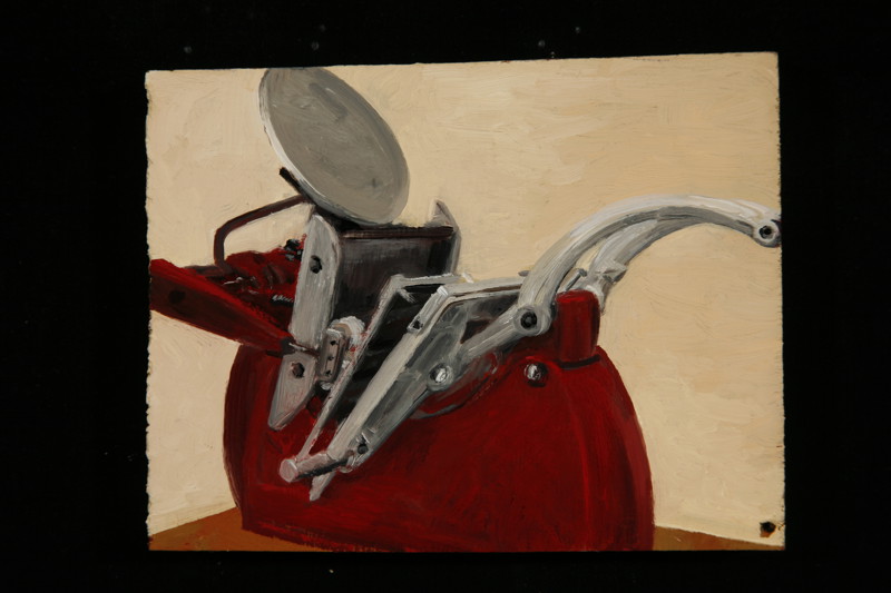 A painting of a red desktop letter/flyer printing press.