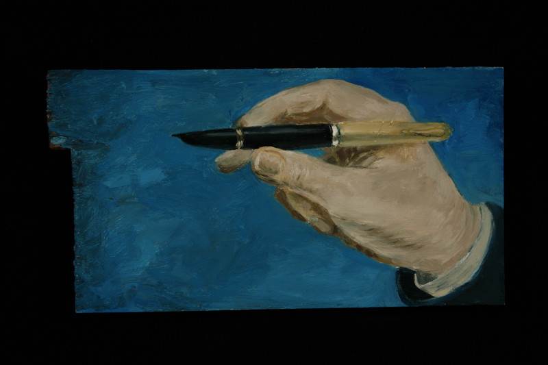 A painting of a hand holding a vintage ink flow pen with a blue background.