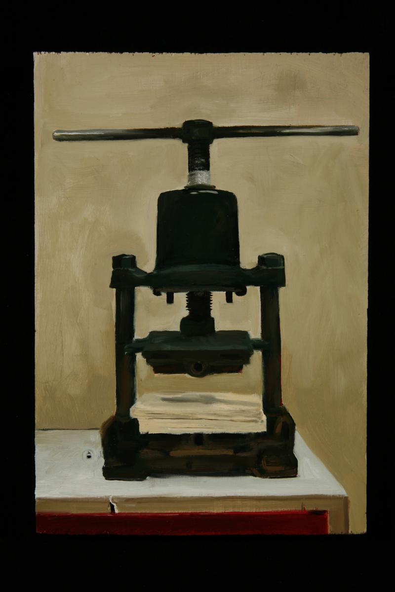 A painting of a small table top printing press.