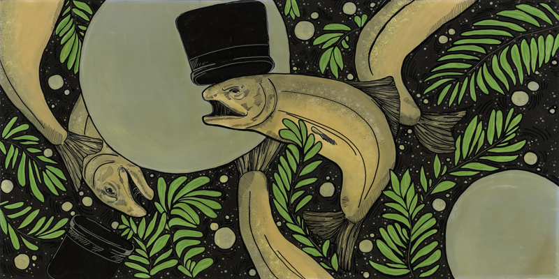 Several fish swimming among willow branches and bubbles.