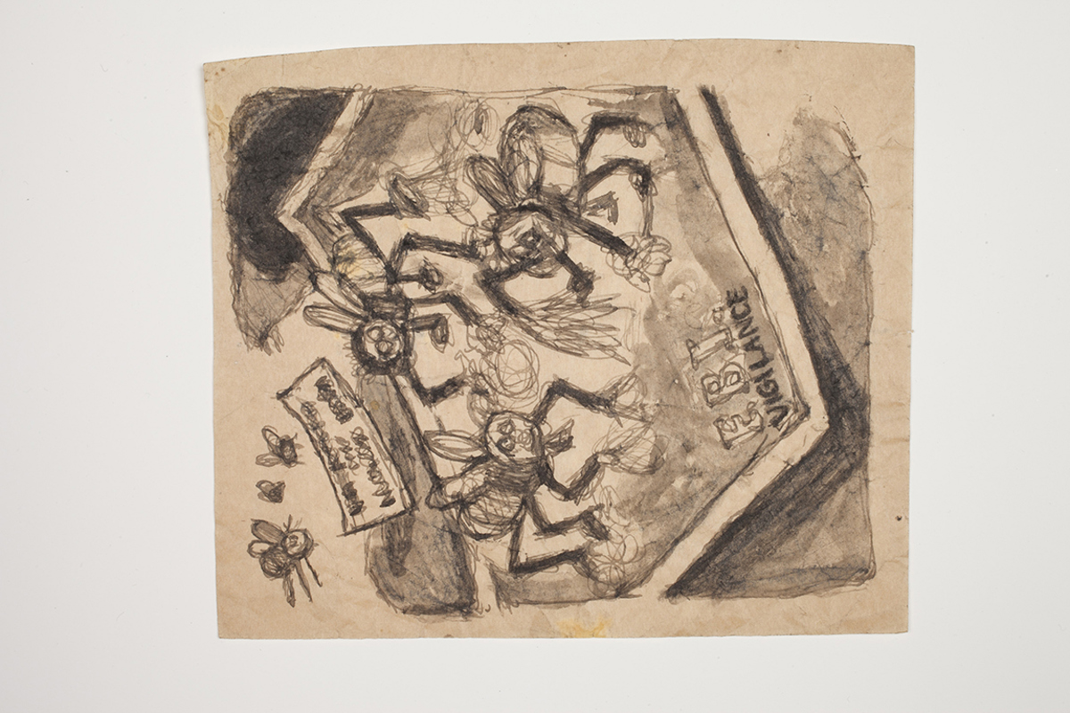 An artistic copy of a political cartoon of three flies stuck to flypaper with the text "FBI VIGILANCE". 