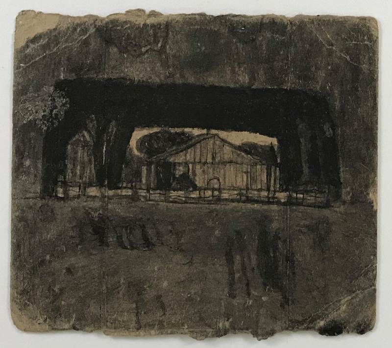 A drawing of a building with a fence in the distance on particle cardboard. 