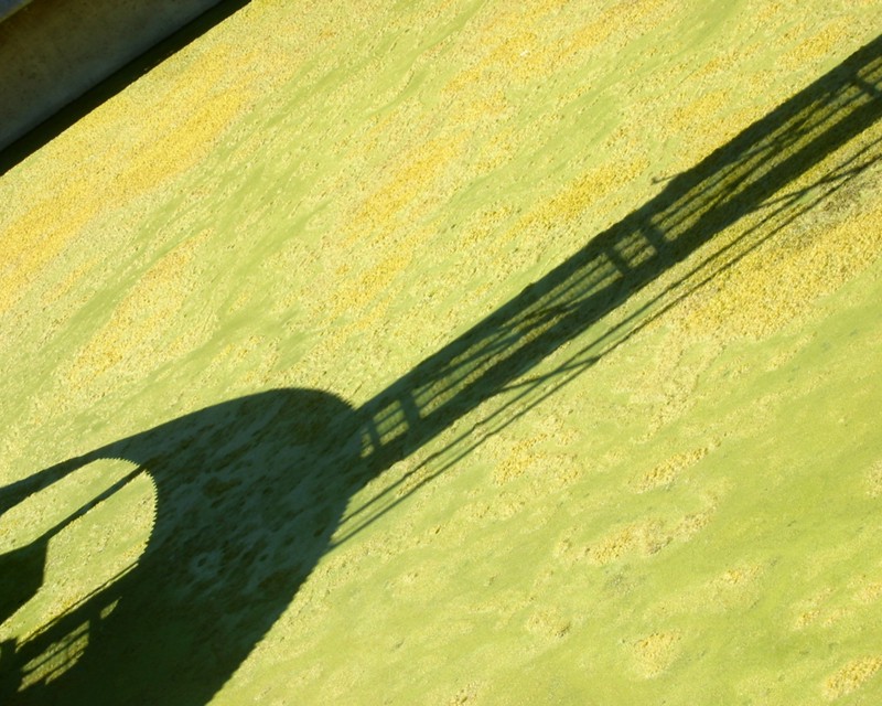 The shadow of some industrial machinery cast over a thick layer of bright green algae floating on a pool of water. 