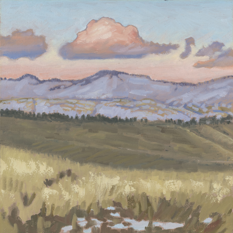 Image of pink clouds above the snowy foothills as seen from Camel's Back Park in Boise, Idaho.