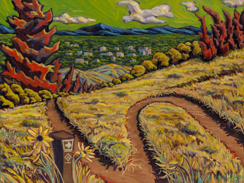 A painting of a trail leading down the Boise Foothills with a view of downtown Boise in the distance.