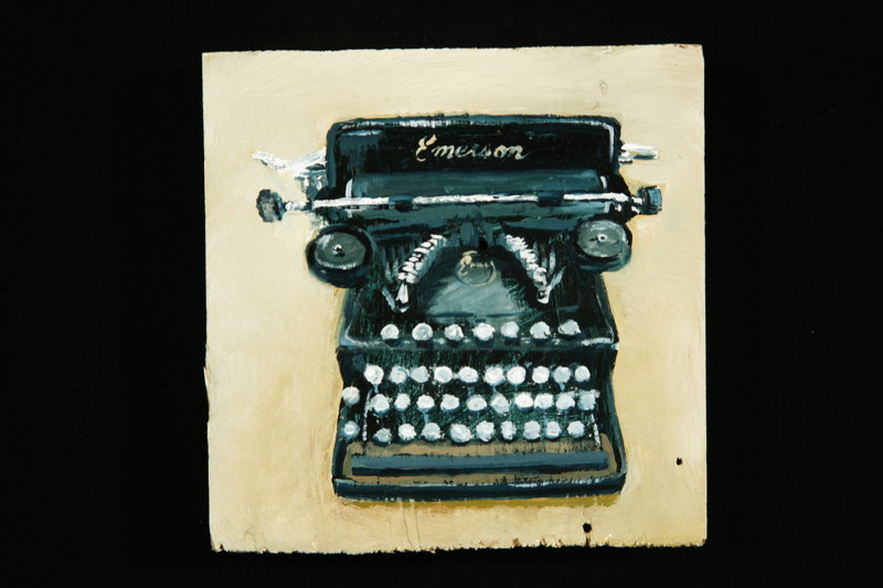 A painting of a black antique Emerson typewriter.
