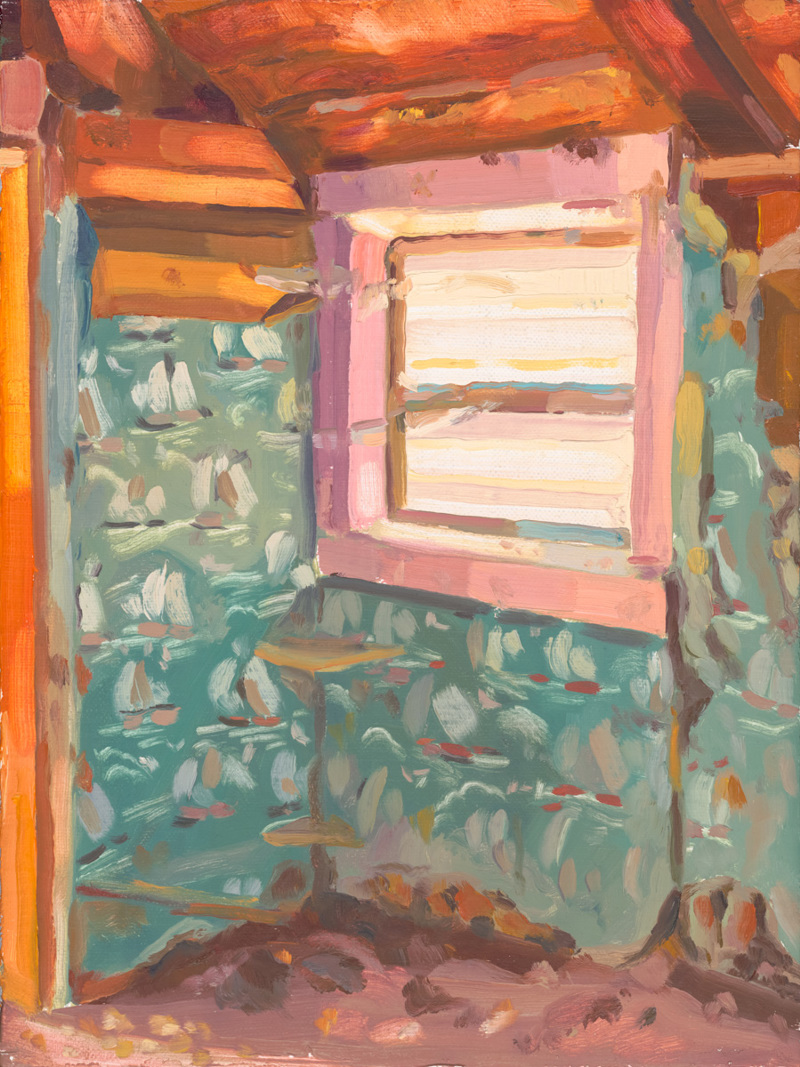 A painting of a window from inside of the James Castle House shed.
