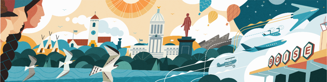 Artist rendering of artwork for side wall of rental facility depicting capitol building, airplanes, indigenous people and culture and more.