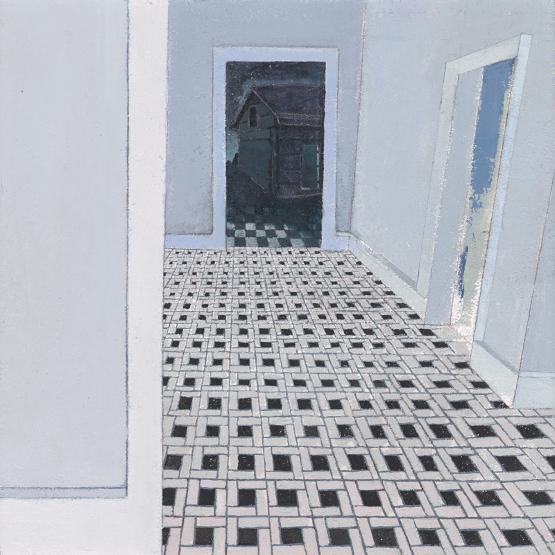 A painting of a room with a black and white tiled floor with an open doorway in the distance.