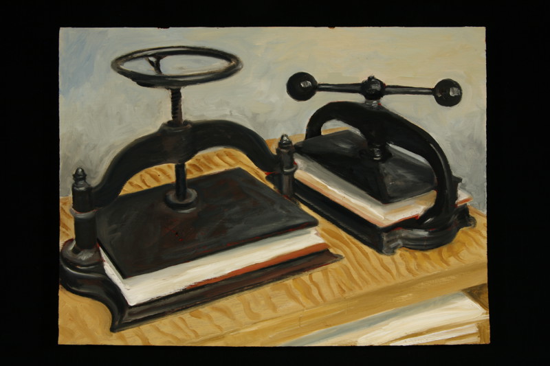 A painting of two antique table top printing presses.