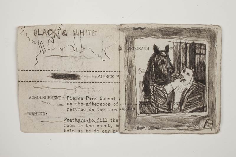 A small booklet made of 3 folios of found paper and string. Illustrations made of soot primarily depict images of dogs.