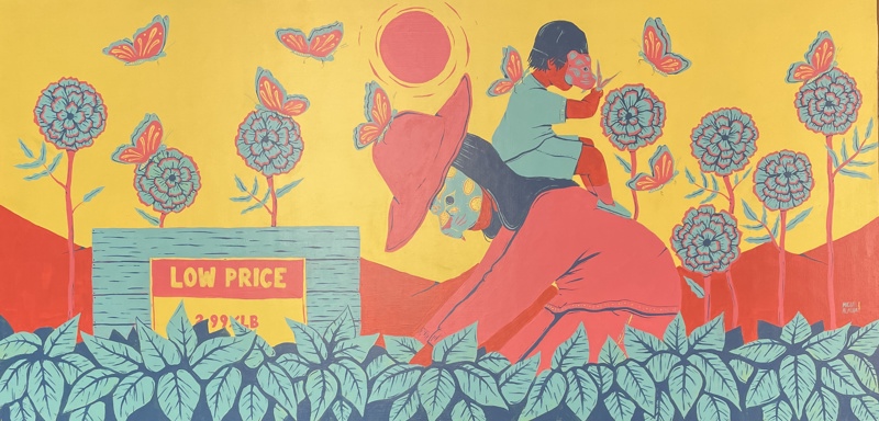 A painting on particle plywood board. In shades of pink, red, yellow, turquoise, and blue, we see a female figure kneeling on the ground with a child on her back. He is surrounded by butterflies and flowers. They are both wearing feline masks. In front of her is a bin with a sign with text: "Low Price  *.99/lb).